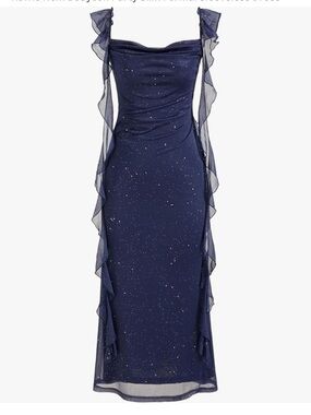 Mesh Cowl Neck Solid Sequin Ruffle Hem Maxi Dress